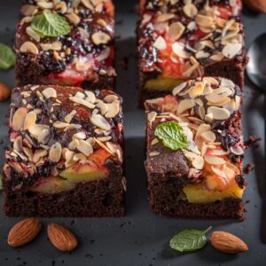 Tasty and sweet brownie with fresh fruits and almond.